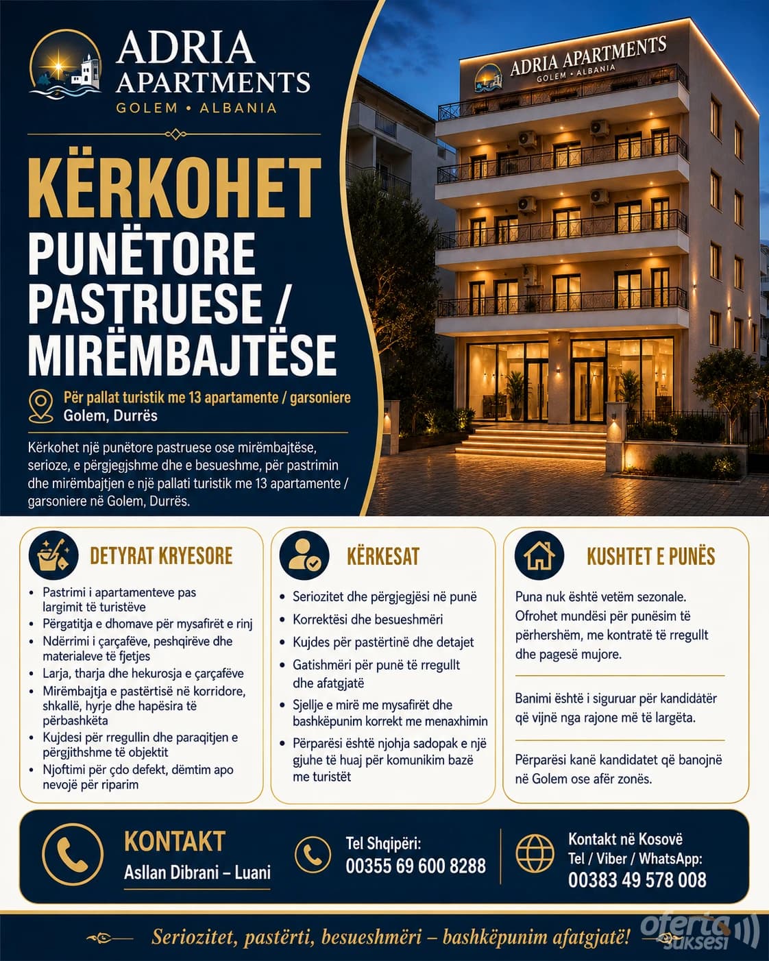 KËRKOHET PUNËTORE PASTRUESE / MIRËMBAJTËSE — fotografia 1